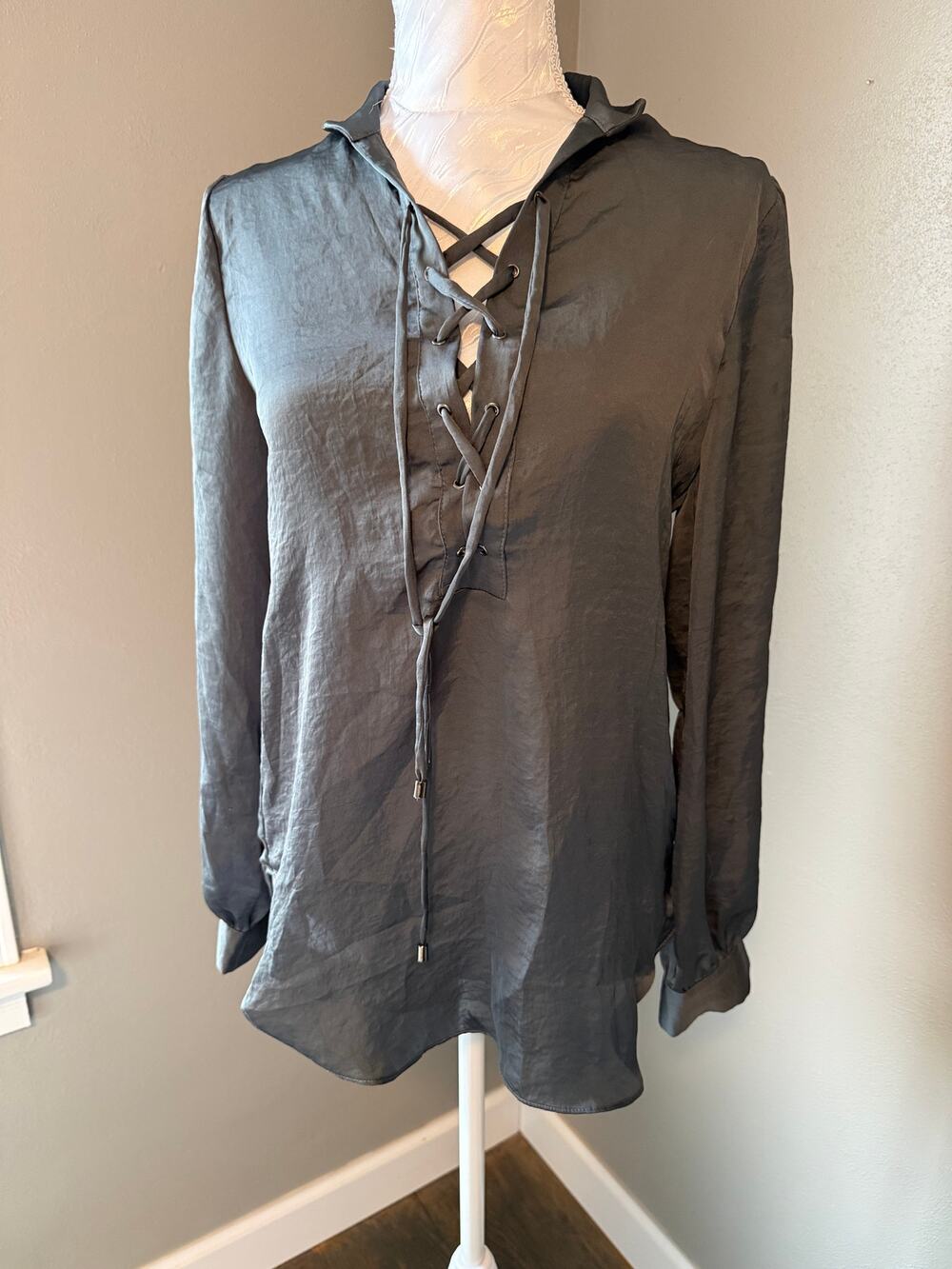 Olivaceous V-neck tie up blouse